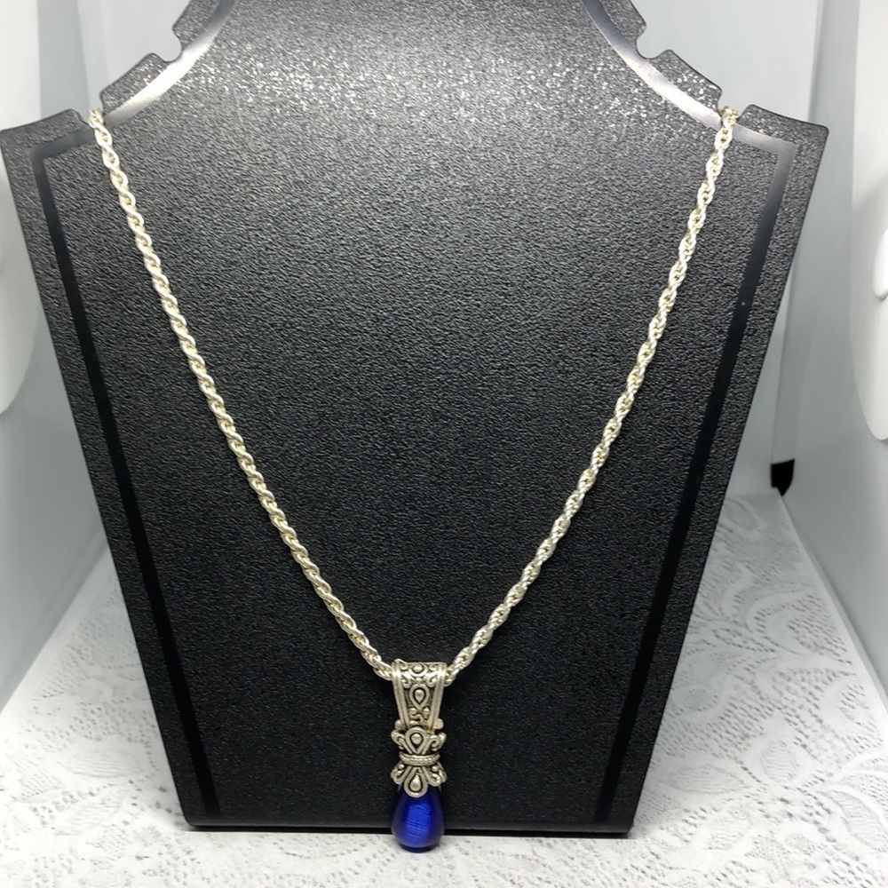 Antique style pendant chain necklace with blue faux gemstone fine jewelry look.